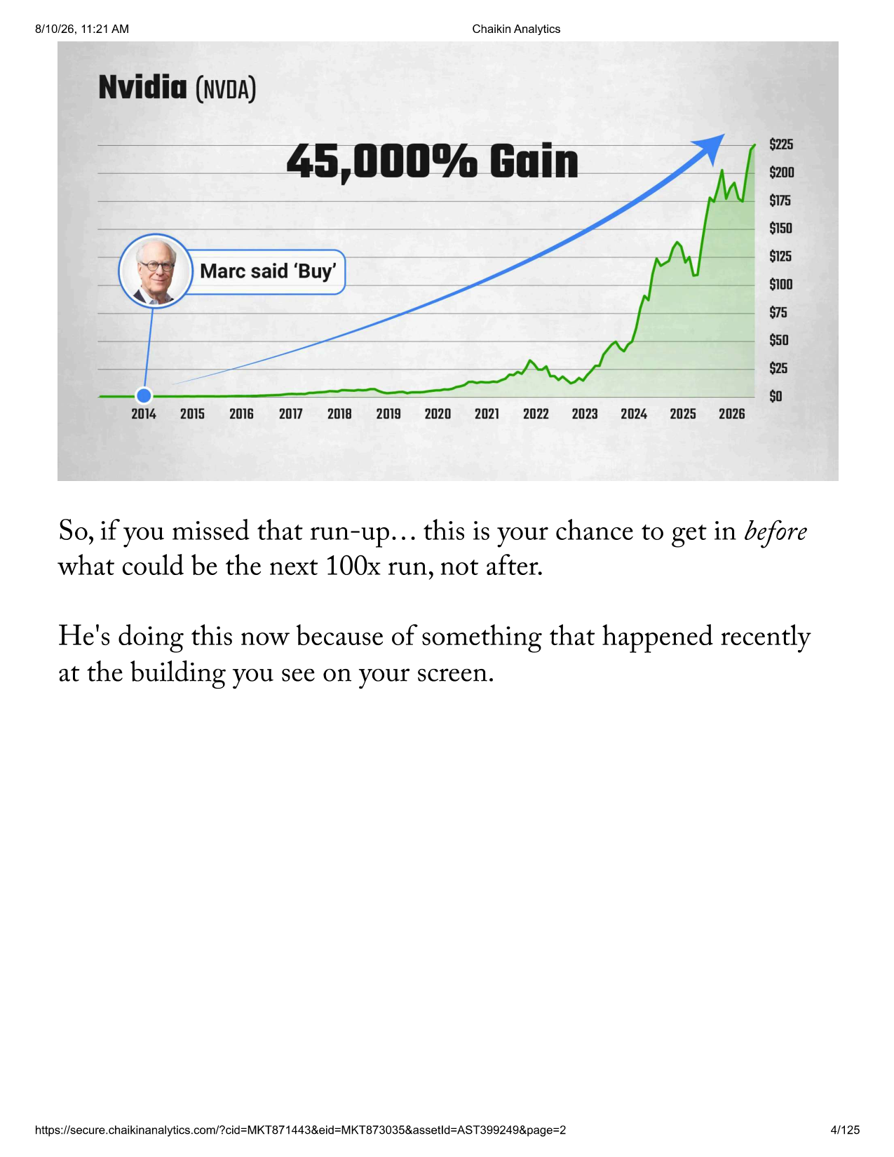 Nvidia chart showing 45,000% gain since Marc Chaikin’s 2014 buy signal