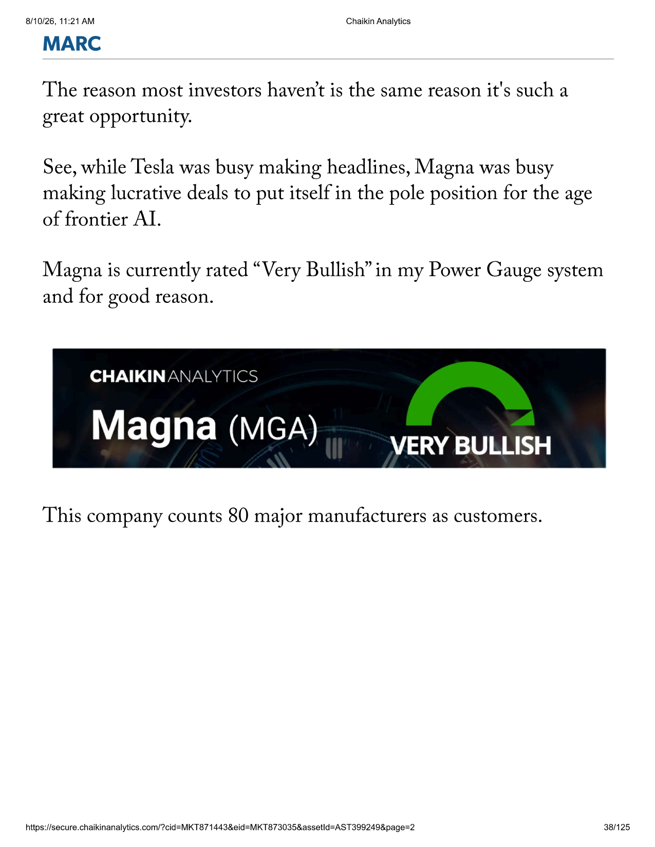 Magna International rated Very Bullish by Chaikin Power Gauge